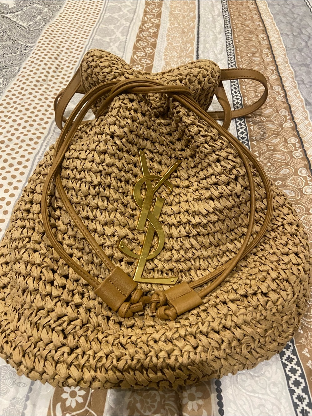 Natural Raffia Drawstring Tote with Gold Logo - Picture 5 of 7